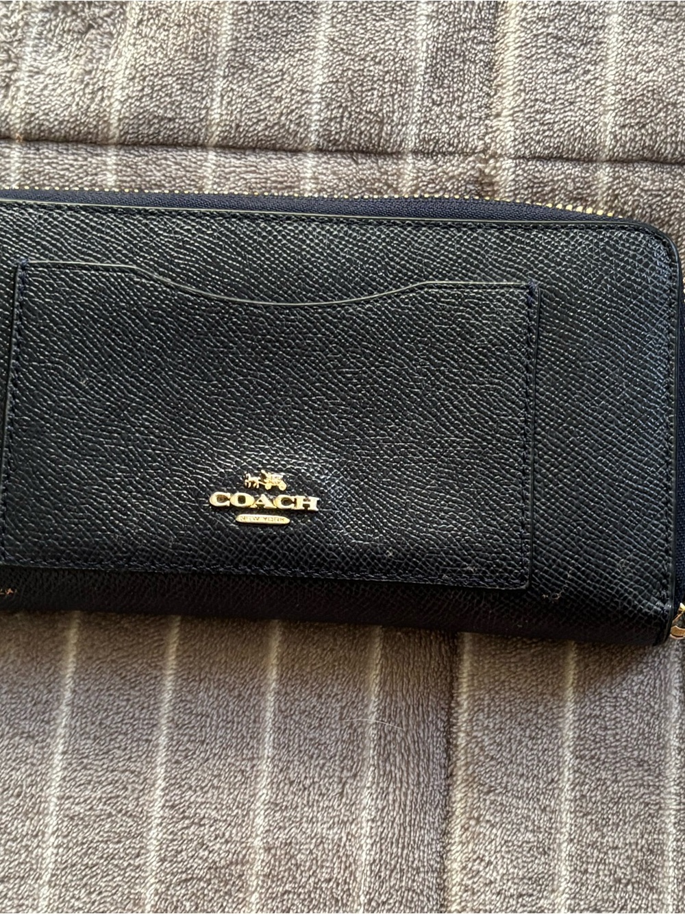 Coach Blue Saffiano Zip Wallet with Gold Logo